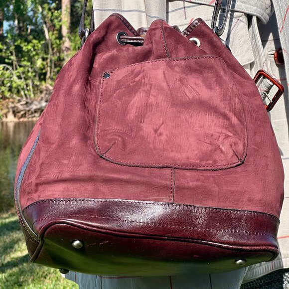 Patricia Nash Melrose Brushed Italian Nubuck Drawstring Bucket Bag Plum Key Fob - Picture 6 of 16